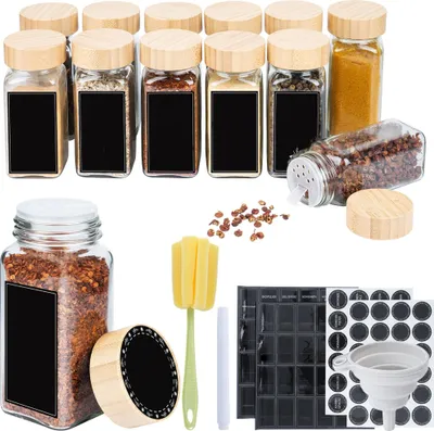 Produktbild von JOIEYOU Haushalt Gewürzgläser Set 12 Stück Gewürzstreuer mit Holz Deckel 120ml Gewürzbehälter mit Faltbare Trichter, Aufklebern, Reinigungsbürste & Markierstift Gewürzdosen für Gewürze & Herb