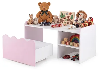 Produktbild von Kleinkindertischset Holz, Kindertisch mit offener Regale, Kindertruhenbank mit Aufbewahrungsboxen, Kindersitzbank mit Rollen & Klappdeckel, Kindersitzgruppe , Kindermöbel für Spielzimmer