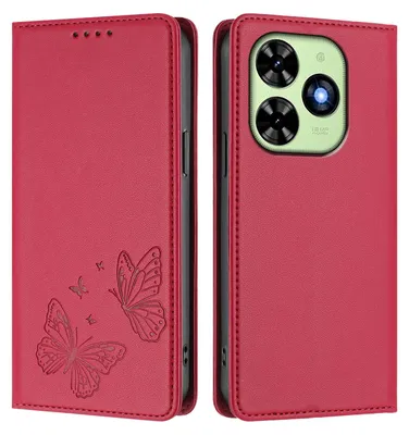 Produktbild von Lederhülle für Tecno Spark Go 2024/Spark 20/20C/Pop 8/Infinix Smart 8/8 Pro/8 Plus/Hot 40i, Schmetterling Prägung Leder Brieftasche Schutzhülle mit Ständer Rot