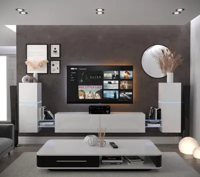 Produktbild von Furnitech Wohnwand Wohnzimmer - Wohnzimmer Möbel mit LED RGB - 16 Farben - Hängend Wohnwand Modern - Regale und TV Schrank (AN104-21W-HG2-1A)