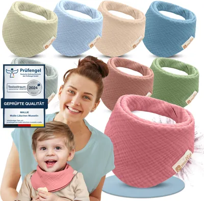 Produktbild von Mallie® Musselin Lätzchen Baby im 8er Set | Als Bibs, Dreieckstuch Baby, Baby Lätzchen | Musselin Halstuch Baby, Musselintücher Baby und Babylätzchen