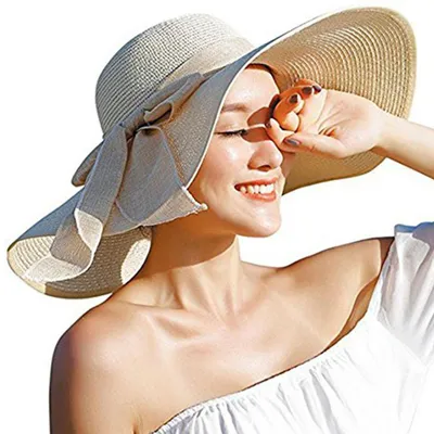 Immagine prodotto di Cappello da donna in paglia, pieghevole, con ampia tesa, protezione solare UPF 50+, color beige, taglia unica