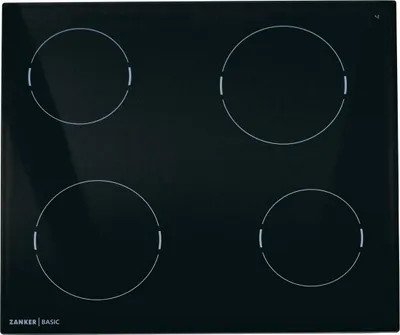 A top-down view of a black glass ceramic hob with four cooking zones.