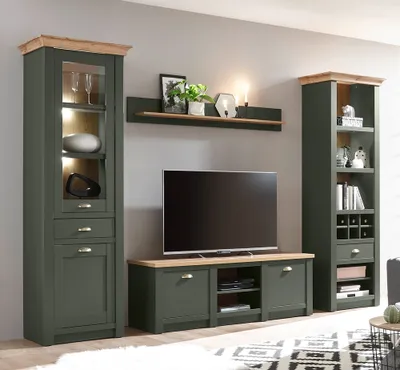 Produktbild von Wohnwand im Landhausstil CINCINNATI-61 in grün mit Wotan Eiche, mir Beleuchtung, B/H/T: 308/207/45cm