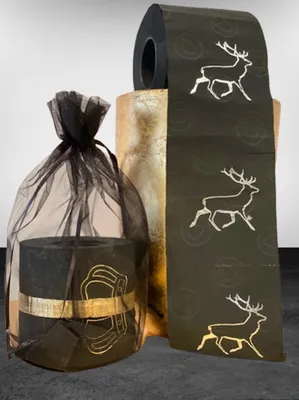 Produktbild von Noble schwarze deSIGNER Luxus  WC-Papier Rolle mit SILBERgeprägtem  "Hirsch" deSIGN