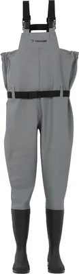 A pair of gray waders with black boots and straps, shown front-on against a white background.