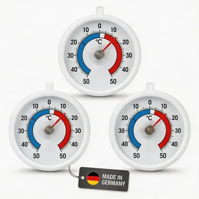 Produktbild von 3 Stück Kühlschrankthermometer Set großes Display Ø 7cm + - 50°C Analog mit Haken zum aufhängen Kühlschrank Thermometer Gefrierschrank Kühltheke