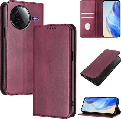Produktbild von Handyhülle für Xiaomi Redmi K80/K80 Pro, Vintage Leder RFID Schutz Kartenfach Standfunktion Magnetische Klapphülle Rot