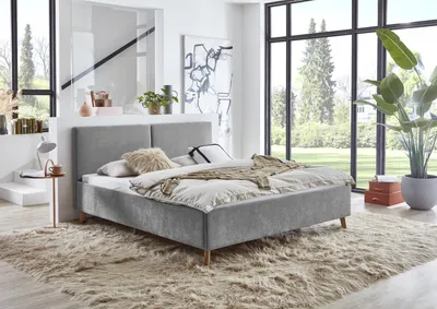 Produktbild von Meise Möbel Polsterbett Piano 180x200 cm | Doppelbett | Bettgestell | Kopfteil mit tiefem Einzug | Strukturstoff Grau | Holzfuß eichefarbig