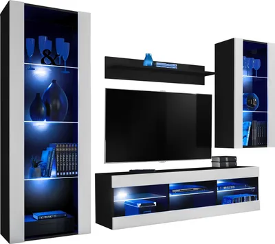Produktbild von Komodee | Wohnwand mit TV-Schrank und Vitrine Tivoli Set Medio, Korpus Schwarz Matt Frontfarbe Weiß Matt, LED Blau
