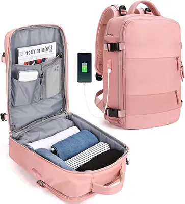 Produktbild von Reiserucksack 45L mit USB-Ladeanschluss, für 14 Zoll Laptop, Rucksack Damen Reiserucksack, Flugzeug genehmigt, Wasserdicht Sport chultasche Rosa