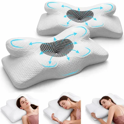 Produktbild von Set 2 orthopädische Nackenkissen zum Schlafen Linomag®, Memory-Schaum, Schmetterlingsform, abziehbarer Bezug, Unterstützung für Kopf, Nacken, Schultern und Arme, Weiß/Dunkelgrau, 34 x 60 x 13 cm