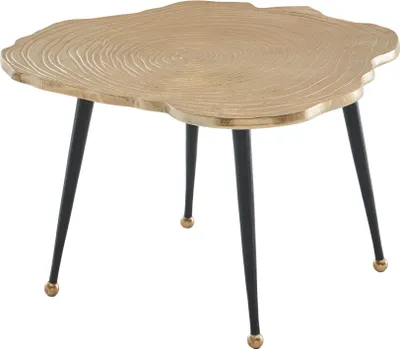 Couchtisch Aluminium Baumscheibe mit organischer Tischplatte in Gold und vier schwarzen Beinen mit Messingkugeln.