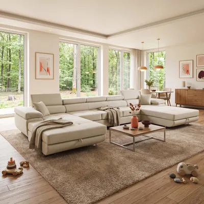 Produktbild von MUFFO Ecksofa U-Form ALONZO MAXI U mit Schlaffunktion 125x318 Velours Beige, KI-generiertes Bild