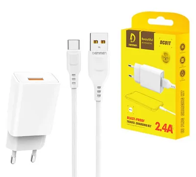 Image de CHARGEUR SECTEUR 2,4 A + CÂBLE USB TYPE-C BLANC DENMEN 2400 mA DC01 12 W