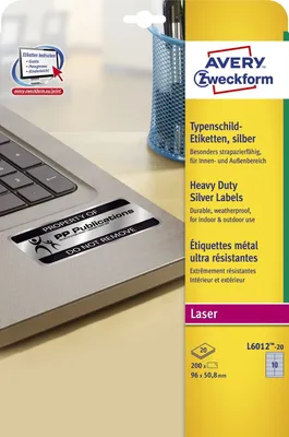 Immagine prodotto di Avery Zweckform® L6012-20 L6012-20 Etichette per targhette - A4, 200 pezzi, 96 x 50,8 mm, resistenti alle intemperie, 20 fogli argento