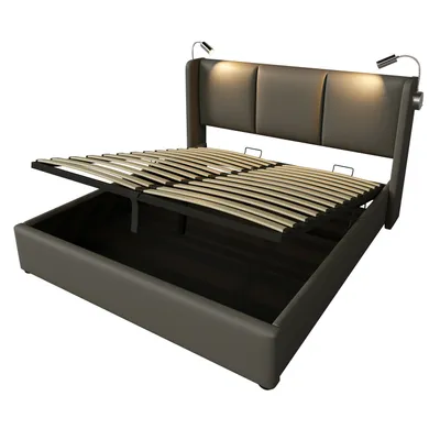 Produktbild von Polsterbett Doppelbett(140x200,Grau)Stauraum Bettkasten Leselicht mit Ladefunktion Kopfteil,Stauraumbetten Jugendbett mit lattenrost