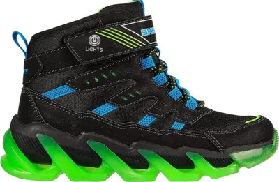A single black, blue, and green children's high-top sneaker with light-up soles.
