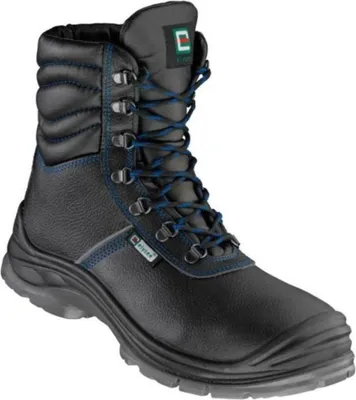 A single black work boot with blue laces is shown against a white background.