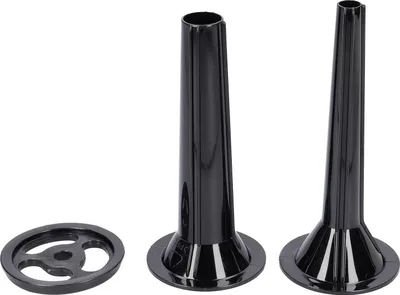 Three black plastic sausage stuffer attachments for a meat grinder, including a small circular piece and two funnel-shaped pieces of different sizes.