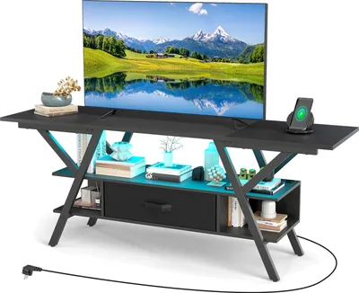 Zdjęcie produktu dla Stojak TV COSTWAY, niski stolik pod 65-calowy telewizor, 3-poziomowy stolik konsolowy z oświetleniem LED, gniazdami, schowkami i szufladą z tkaniny, czarny