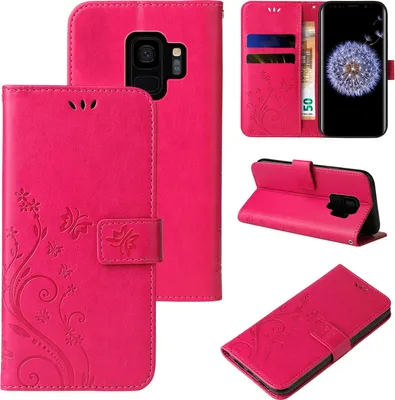 A collage of images showing a pink floral butterfly flip phone case for a Samsung Galaxy S9.