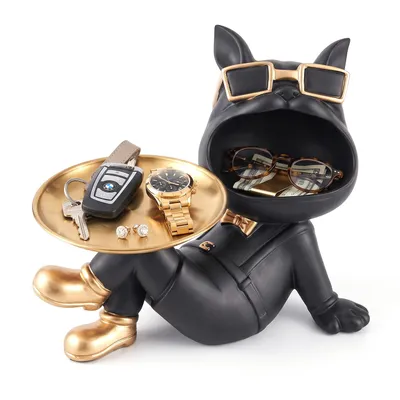 Produktbild von Bulldogge Deko Figur mit Ablage & Edelstahltablett – Harz Statue zur Aufbewahrung von Schlüssel, Schmuck & Kleinutensilien, moderne Wohnzimmer