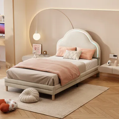 Produktbild von Polsterbett mit Kopfteil in Wolkenform, mit mehrfarbigen, wechselnden LED-Streifen, Kinderbett mit Holzlatten, Einzelbett, Samt