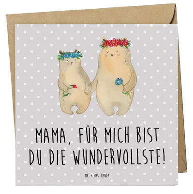 Produktbild von Mr. & Mrs. Panda Grußkarte Bären mit Blumenkranz - Grau Pastell - Geschenk, Glückwunschkarte, anlasskarte, faltkarte, Muttertag, Bär, Familie, doppelkarte, Mama, Family