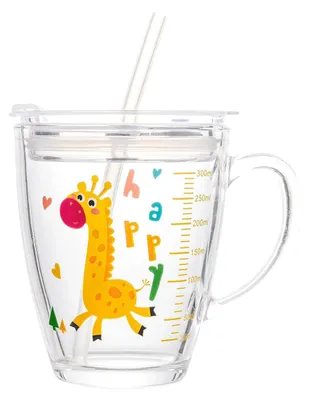 Trinkglas 350 ml Giraffe mit Deckel und Strohhalm