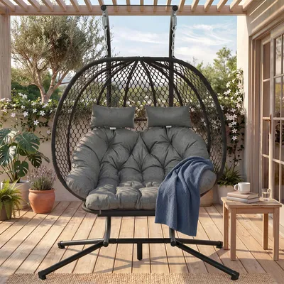 Produktbild von Abrihome Hängesessel mit Gestell und Kissen, Gartenhängstuhl Doppelschaukelstuhl Schwebeliege ideal für Garten, Terasse, Grau