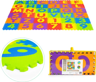 Obrázek produktu pro ECOTOYS ECOEVA002 Pěnová vzdělávací podložka, puzzle, písmena a čísla 178×178 cm, 36 ks