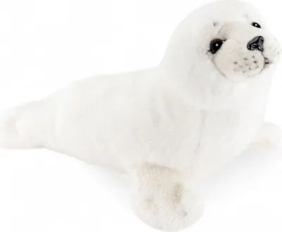 A white plush seal toy lying down on a white background.