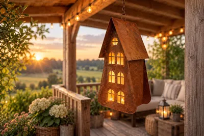 Produktbild von Edelrost-Gartendekoration, hängendes Haus mit Fenstern, rostige Gartendeko