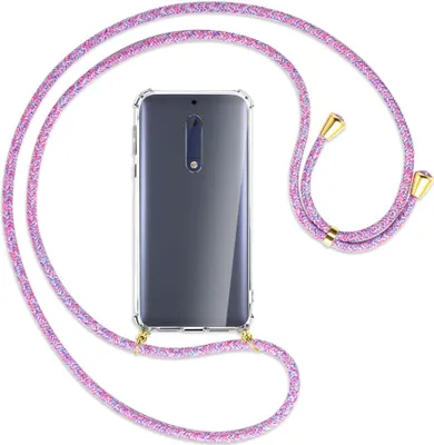 Produktbild von Handykette Backcover-Schutzhülle mit Band (Metall goldfarben) für Nokia 5 - lila/rosa/blau