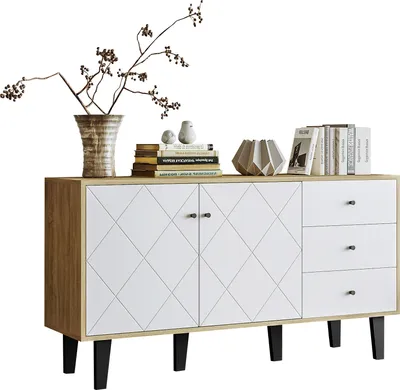Produktbild von Moderne Sideboard mit großem Stauraum, zwei Türen und drei Schubladen mit einem verstellbaren Regal für Esszimmer, Wohnzimmer oder Küche (Weiß)