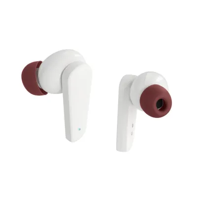 Two white wireless earbuds with red ear tips are shown against a white background.