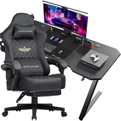 Produktbild von Set aus Gaming-Schreibtisch/Computertisch und Gaming-Stuhl - Z12 + GT830 - Ergonomischer Ledersitz - Carbonfaser-Tischoberfläche - Minimalistisches Design - Montage erforderlich - Armeegrün