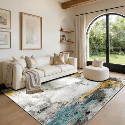 Obrázek produktu pro Průtokový abstraktní koberec, omyvatelný, rozměry 140x200 cm, s protiskluzovou podložkou