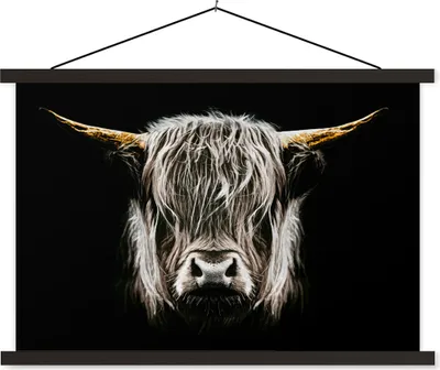 Produktbild von MuchoWow® Textilposter Schottisches Hochlandrind - Gold - Hörner - Schwarz und weiß - Kuh - Tiere 150x100 cm mit schwarzem Rahmen - Schlafzimmer