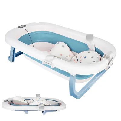 Produktbild von Baby Badewanne Faltbar mit Thermometer und Kissen Babybadewanne 76 cm Blau