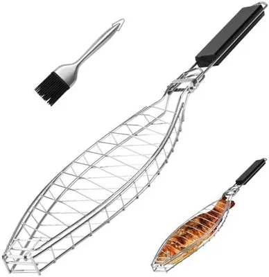 Produktbild von Fischgrillkorb Edelstahl, Fisch Grillhalter & Fischzange zum Grillen, Fischgrillgitter mit abnehmbarem Griff | Rostfreier Fischbräter für Ganzfisch, Grillzubehör für Gasgrill, Holzkohlegrill & Camping