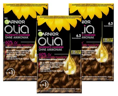 Produktbild von Garnier Olia Dauerhafte Haarfarbe 6.3 Karamellbraun, ohne Ammoniak, permanente Coloration, bis zu 100% Grauabdeckung, langanhaltende Farbe bis zu 8 Wo