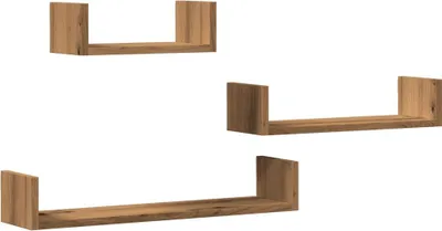 Three wooden shelves are arranged against a white background.