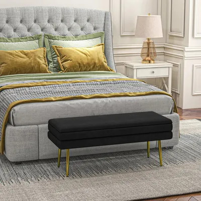 Image de Banc avec rangement, banc rembourré, banc à chaussures, aspect velours, pieds en acier, noir | 100 x 37,5 x 42 cm | jusqu'à 120 kg | antidérapant