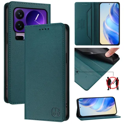 Image de Etui en cuir pour Xiaomi 17 Pro, étui à rabat avec fentes pour cartes, portefeuille et support Vert foncé