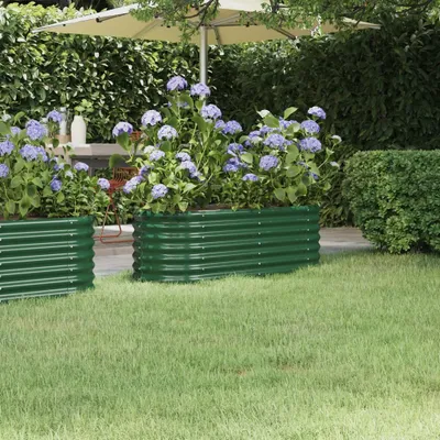 Two green corrugated metal raised garden beds filled with hydrangeas are shown in a garden setting.
