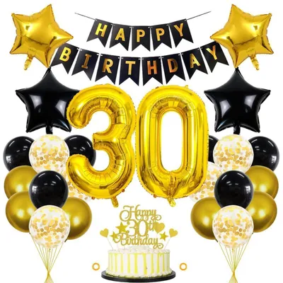 Productafbeelding van 30e verjaardagsdecoratieset, zwart en goud, 32 stuks: ballonnen, taartdecoratie, banner