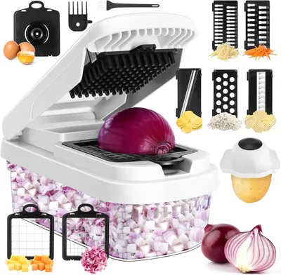 Produktbild von Gemüseschneider 15-in-1 Gemüseschneider mit Auffangbehälter, Küchenreibe, Gemüsehobel Multischneider für Gemüse,Zwiebeln,Obst,Käse usw.BPA-frei,Küchen