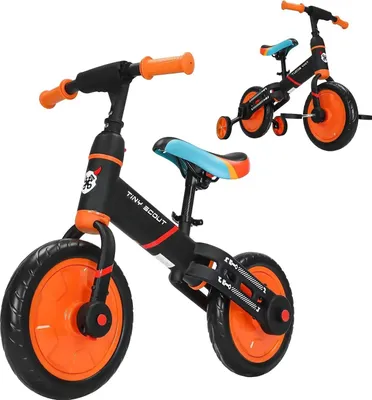 Produktbild von Kinder Laufrad 4-in-1 - Balance Bike mit Stützrädern - Abnehmbare Pedale - Verstellbarer Sitz - 4-rädriges Rutschfahrzeug aus Kunststoff - Orange